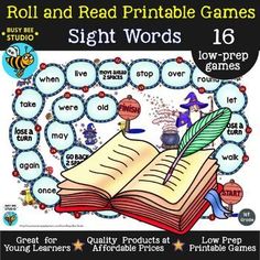 the roll and read printable game for sight words with an open book on it