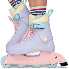 a pair of roller skates with socks on them