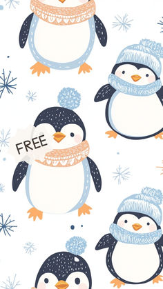 three penguins wearing hats and scarfs with snowflakes on them, one penguin has a free sign