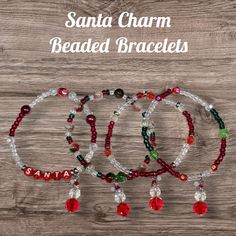 Handmade Christmas Beaded Santa Charm Bracelets. Comes ready for gifting. Beautiful Christmas colors with rhinestone accents on snowman charm. Christmas Bead, Christmas Santa Claus, Bead Charm Bracelet, Christmas Santa, Last Minute Gifts, Christmas Colors, Beautiful Christmas, Charm Bracelets, Handmade Christmas