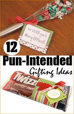 some candy bar wrappers are sitting on a table with the words, 12 fun - intended gifts ideas