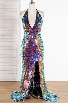 sparkly bedazzled iridescent sequin slit long prom dress Chrome Prom Dress, Iridescent Prom Dress, Rainbow Chrome, Holographic Dress, Custom Made Prom Dress, Iridescent Dress, Dress Train, Iridescent Sequin, Prom Style