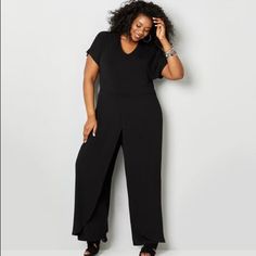 Black Stretch Knit Short Sleeve Jumpsuit With V-Neckline, Keyhole Closure In Back And Long Flowy Pants With Overlay. Nwt, Size 26/28 Versatile Black V-neck Jumpsuits And Rompers, Long Flowy Pants, Short Sleeve Jumpsuit, Short Sleeve Jumpsuits, Flowy Pants, Gorgeous Clothes, Fashion Catalogue, Plus Size Jumpsuit, Knit Short