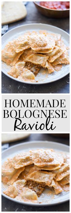 homemade bologgnone ravioli recipe on a white plate with text overlay