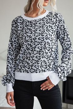 Size Chart (inch) Size Bust Length Sleeve Shoulder S 40.2 21.7 21.1 20.9 M 41.7 22.0 21.3 21.7 L 44.1 22.6 21.6 22.8 Fabric 100%Polyester Size Chart (cm) Size Bust Length Sleeve Shoulder S 102.0 55.0 53.5 53.0 M 106.0 56.0 54.0 55.0 L 112.0 57.5 54.8 58.0 Fabric 100%Polyester Winter Crew Neck Sweater With Splicing, Black Patchwork Sweater For Spring, Long Sleeve Sweater With Splicing For Fall, Black Long Sleeve Sweater With Splicing, Leopard Print Long Sleeve Sweater, Black Knit Patchwork Tops, Black Knit Tops With Patchwork, Leopard Sweater, Baby Boy Onesies