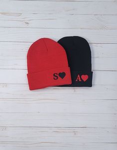 Made to order Personalized Beanies Perfect for matching couples Select Color of beanie and add personalization, add to cart.  Go back and select matching beanie, add to cart Go to cart and check out Price is per single beanie.   Any question please feel free to message me Matching Beanies For Couples, Couple Hats Matching, Matching Beanies Family, Winter Embroidered Beanie One Size Fits Most, Embroidered Cotton Beanie (one Size Fits Most), Embroidered Beanie Cap One Size, Xmas Stockings, Wooden Christmas Ornaments, Custom Initials