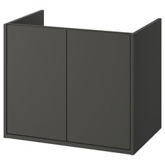 a gray cabinet with two doors on the front and one door open to reveal something