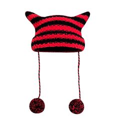 Red Striped Little Imp Horn Knit Beanie Y2k Girls, Dark Academia Clothing, Indie Outfits, Grunge Fashion, Aesthetic Outfits, Pom Poms, Striped Knit, Knit Beanie, Cat Ears