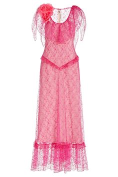 Rodarte floral lace dress with ruffle details in pink. 70% Rayon 30% Silk Dry Clean Made in the United States Rodarte Dress, Hot Pink Lace Dress, Oscar Gowns, Pink Lace Dress, Hot Pink Floral, Rose Applique, Floral Lace Dress, Pink Floral Dress, Silk Slip