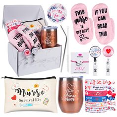 the nurses survival kit includes pink mitts, personal care items, and other medical supplies