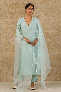 Shop for Devnaagri Blue Cotton Silk Blend Pintuck Kurta Set for Women Online at Aza Fashions Chanderi Dupatta, Blue Kurta, Kurta Set For Women, Organza Sleeves, Linen Pant, Lace Pants, Blue Embroidery, Embroidered Neckline, Kurta With Pants