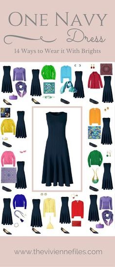 One Navy Dress in a Capsule Wardrobe: 14 Ways to Wear it With Brights Downsize Closet, Dress Capsule Wardrobe, Navy Dress Outfits, Mode Ab 50, Neutral Dress, The Vivienne Files, Mode Tips, Sunday Dress