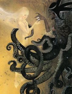 an octopus attacking a mermaid in the ocean with her tail curled up to it's mouth