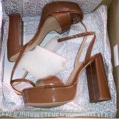 Never Worn Because I Bought Them And They Were Too Narrow. 7 1/2 Women’s Box Included Modern Brown Ankle Strap Heels, Brown Patent Leather Ankle Strap Heels, Brown Patent Leather Heels For Evening, Modern Brown Square Toe Heels, Brown Patent Leather Platform Heels, Brown Patent Leather Open Toe Heels, Trendy Brown Heels With Sculpted Heel, Modern Brown Heels With Stacked Heel, Luxury Brown Heels With Wrapped Heel