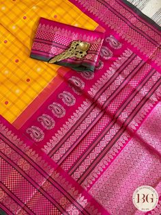 Indulge in opulence with our Gadwal handloom pure silk saree in vibrant yellow and pink. Meticulously crafted by skilled artisans, this saree exudes luxury and sophistication. Made from the finest silk, it will drape you in comfort and elegance, making you the center of attention at any event. Gadwal handloom pure silk saree - yellow and pink Saree comes with a blouse piece. Fall and pico done. Fully stitched blouse shown in pictures is optional and can be purchased seperately from our blouses and croptops section. For saree video please connect with us on whatsapp @469-937-0606 Ready to be shipped in USA from San Diego, California. All pictures are original pictures. Colors may slightly vary due to pic resolution. Yellow Bollywood Saree For Festivals, Bollywood Style Yellow Saree For Festivals, Yellow Saree With Pallu, Yellow Saree With Cutdana In Traditional Drape, Yellow Saree With Pallu For Navratri, Yellow Tussar Silk Saree With Self Design, Yellow Paithani Silk Saree With Pallu, Yellow Paithani Silk Saree With Cutdana, Yellow Paithani Silk Traditional Wear With Self Design