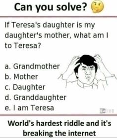 a sign that says, can you solve? if teresa's daughter is my daughter's mother, what am i to teresa?