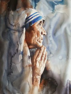 a painting of an old man holding his hands to his face