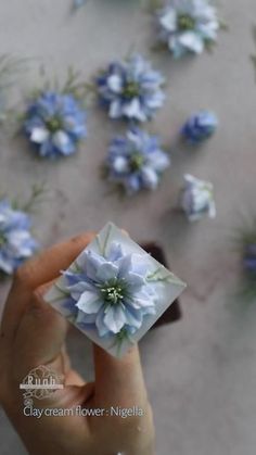 a person holding up a small square object with flowers on it's side in front of them