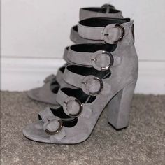 Super Cute Strappy Block High Heels By Kendall + Kylie. Perfect Shoe For Fall That Is Sure To Turn Heads. Brand New Never Worn. Silver Heels With Buckle Closure And Round Toe, Gray Summer Party Heels, Trendy Gray High Heel Heels, Gray Fitted Heels For Evening, Elegant Gray High Heels, Chic Gray Ankle Strap Heels, Dark Grey Heels, Silver Heels With Silver-tone Hardware For Party, Party Heels In Silver With Silver-tone Hardware