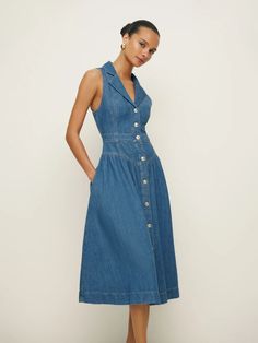 Ellison Denim Midi Dress - Sustainable Denim | Reformation Denim Midi Dress, Essential Dress, Swimwear Dress, Denim Mini Dress, Printed Midi Dress, Ruched Dress, Linen Clothes, Nordstrom Dresses, Denim Dress