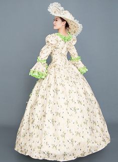 High-end Green And Orange Floral Rococo Southern Belle Marie Antoinette Dress Medieval Reenactment Theater Costume     Condition: Brand New   Color:  As Picture   Material: Satins And Lace   Silhouette: Ball Gown   Sleeve Length: Full Sleeve   Dresses Length:Floor-Length   Neckline: Square Collar   Decoration: Ruffle   Style: Vintage     Includes: Dress + Hat Fitted Vintage Dress With Historical Design For Costume, Vintage Costume For Cosplay Events, Rococo Style Fitted Medieval Dress For Fancy Dress, Regency Style Victorian Costume Dress For Medieval Festivals, Fitted Rococo Medieval Dress For Fancy Dress, Regency Style Victorian Dress For Medieval Festivals, Fitted Historical Victorian Costume Dress, Historical Victorian Dress With Cancan For Costume, Vintage Medieval Dress For Fancy Dress