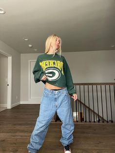 Super trendy 90s Green Bay Packers cropped crewneck sweatshirt So cute for gamedays or every day wear, I LOVE this one! Such a special vintage crop from 1995 season :)  model is 5'4 fits a size small- large   This cropped Crewneck has authentic vintage wear but looks perfect :)   I try to take pictures of all marks and wear in my shop to ensure the product you see is exactly what you receive!   ☺️ but always note my shop is vintage! Oversized Green Crew Neck Cropped Sweater, Green Oversized Cropped Sweater With Crew Neck, Oversized Green Cropped Crew Neck Sweater, Green Long Sleeve Sweatshirt For Game Day, 90s Style Long Sleeve Tops For Game Day, 90s Long Sleeve Top For Game Day, 90s Style Sweatshirt For Game Day, 90s Style Tops For Game Day During Sports Season, 90s Style Tops For Game Day And Sports Season