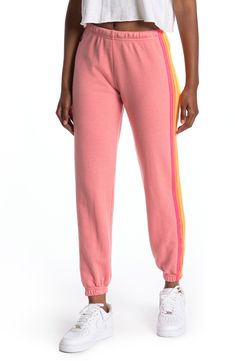 Super comfortable and hand sewn in Los Angeles, these sweats have gone through an intense breaking-down process to give it a vintage feel you'll love. Style Name:Aviator Nation Stripe Sweatpants. Style Number: 5402256. Neon Sweatpants Outfit, Pink Cotton Athleisure Sweats, Sporty Pink Sweatpants With Ribbed Waistband, Pink Sweatpants With Ribbed Waistband, Sporty Pink Bottoms With Ribbed Cuffs, Soft-washed Pants For Spring Loungewear, Soft-washed Bottoms For Spring Loungewear, Spring Athleisure Full Length Sweatpants, Pink Cotton Activewear For Jogging