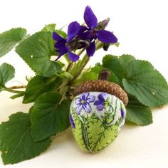 purple flowers are growing out of an acorn with green leaves on the side and a blue flower in the center