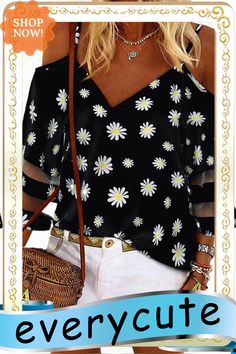 Daisy Floral Cold Shoulder Blouse Spring Party Non-stretch Blouse, Spring Party Blouse Non-stretch, Casual Spring Party Blouse, Casual Printed Blouse For Party, Black V-neck Blouse For Spring, Black Spring Vacation Blouse, Black Blouse For Spring Vacation, Spring Vacation Printed Blouse, Chic Summer Blouse With Prints