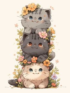 three cats sitting on top of each other with flowers around their necks and eyes, all looking up at the camera