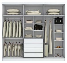 an organized closet with clothes and shoes