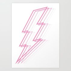 a pink and white poster with lines in the shape of lightning bolt on it's side