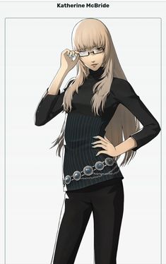 an anime character with long blonde hair and glasses on her head, standing in front of a