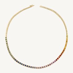 Princess cut multi-colored Sapphire Bezel set gold beaded necklace Stone wt: 9.36 Luxury Round Multicolor Necklaces, Luxury Multicolor Round Necklace, Luxury Multicolor Round Necklaces, Luxury Multicolor Multi-stone Necklaces, Luxury Multicolor Single Strand Necklaces, Luxury Multicolor Single Strand Necklace, Elegant Rainbow Beaded Jewelry, Multicolor Single Strand Jewelry, Elegant Rainbow Beaded Necklace