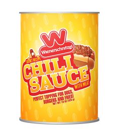 a can of chili sauce with meat on top and hot dog buns in the middle