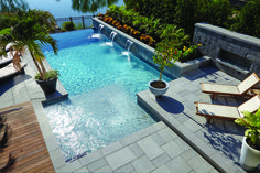 an outdoor swimming pool surrounded by trees and plants