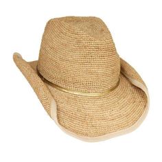 Curled, ribbon bound brim 4" wide. Gold leatherette detail. Metallic thread accent. Dented, slightly pinched crown. Adjustable drawstring inside crown. One size. 100% raffia Woven Sun Hat With Curved Brim For Rodeo, Country Style Straw Brimmed Hats, Braided Fedora With Curved Brim For Rodeo, Adjustable Straw Fedora For Rodeo, Curved Brim Woven Sun Hat For Rodeo, Curved Brim Braided Fedora For Rodeo, Adjustable Hat Bands For Country Events In Spring, Western Braided Brimmed Straw Hat, Woven Hats With Curved Brim For Rodeo