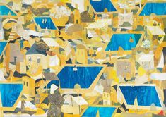 an abstract painting with yellow and blue shapes on it's surface, including buildings