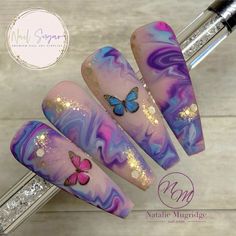 Gel Nail Designs Butterfly, Marble Butterfly Nails, Butterfly Nail Designs Acrylic, Glitter Butterfly Nails, Butterfly Nails Acrylics, Challenge Nails, Carnival Nails, Butterfly Nail Designs, April Nails