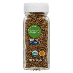 organic thyme leaves in glass jar with white lid and plastic cap, 100g