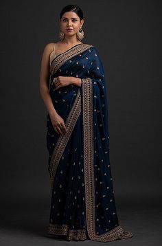 Navy Blue Saree, Blue Silk Saree, Designer Silk Sarees, Oxford Blue, Green Saree, Embroidery Saree, Blue Saree, Art Silk Sarees, Elegant Saree