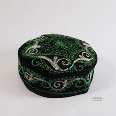 Traditional brimless lightweight black skullcap with green and silver viscose tambour embroidery (beanie, skull cap, yarmulke, taqiyah, topu, cap, kufi, doppi, duppi)  made in Uzbekistan. This is an ethnic headdress related to their tradition and culture.  The price is for ONE skull cap. Please choose the size. Measurement of circumference:   58 cm = 22.8 inches = US 7 1/4 = L 59 cm = 23.2 inches = US 7 3/8 = XL 60 cm = 23.6 inches = US 7 1/2 = XL 61 cm = 24 inches = US 7 5/8 62 cm = 24.4 inches Embroidery Beanie, Kufi Hat, Tambour Embroidery, Cap Men, Skull Cap, Headdress, Sun Hats, Halloween Shopping, Caps Hats