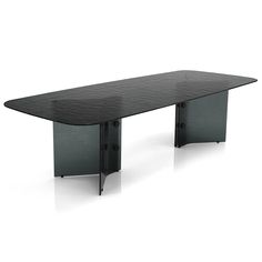 a black conference table with an oval shaped top and metal legs, on a white background