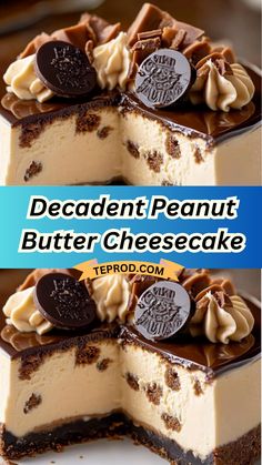 two slices of decadent peanut butter cheesecake with oreo cookies on the top