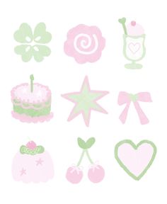 a bunch of pink and green items on a white background with stars, hearts, cupcakes