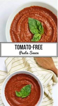 tomato sauce in a white bowl with basil leaves on top and text overlay that reads tomato - free pasta sauce