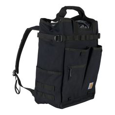 the back pack is black and has two pockets on each side, with one pocket open