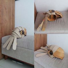 two pictures of the same couch with different things on it, one is made out of cardboard