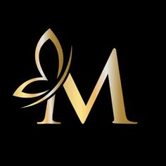 the letter m is made up of gold and silver lines on a black background,