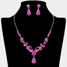 Fuchsia Pink Rhinestone Crystal Sparkle Necklace Set You Will Receive One Set . It Has A Necklace And Matching Pierced Earrings . It Is Silver Plated With Pink Rhinestones. The Necklace Is Adjustable To 17 Inches Long . The Center Drops Down 1 1/4 Inches . The Earrings Are For Pierced Ears And Measure Approximately 1 1/4 Inches Long By 1/2 Inch Wide . Perfect For Any Occasion . Comes In A Gift Box . Brand New ! Pink Jeweled Rhinestone Necklace For Party, Elegant Pink Rhinestone Jewelry Set, Pink Rhinestone Jeweled Necklace For Parties, Pink Crystal Rhinestone Necklace With Sparkling Stones, Elegant Pink Rhinestone Necklace For Party, Pink Crystal Rhinestone Necklace, Elegant Pink Rhinestone Party Necklace, Pink Jewelry Sets For Valentine's Day Party, Pink Crystal Rhinestone Necklace For Wedding